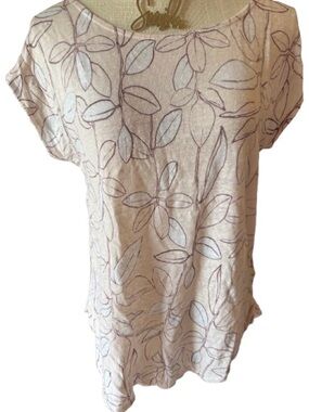 Cynthia Rowley Pink Short-Sleeve Leaf Print Linen Tee- Large
